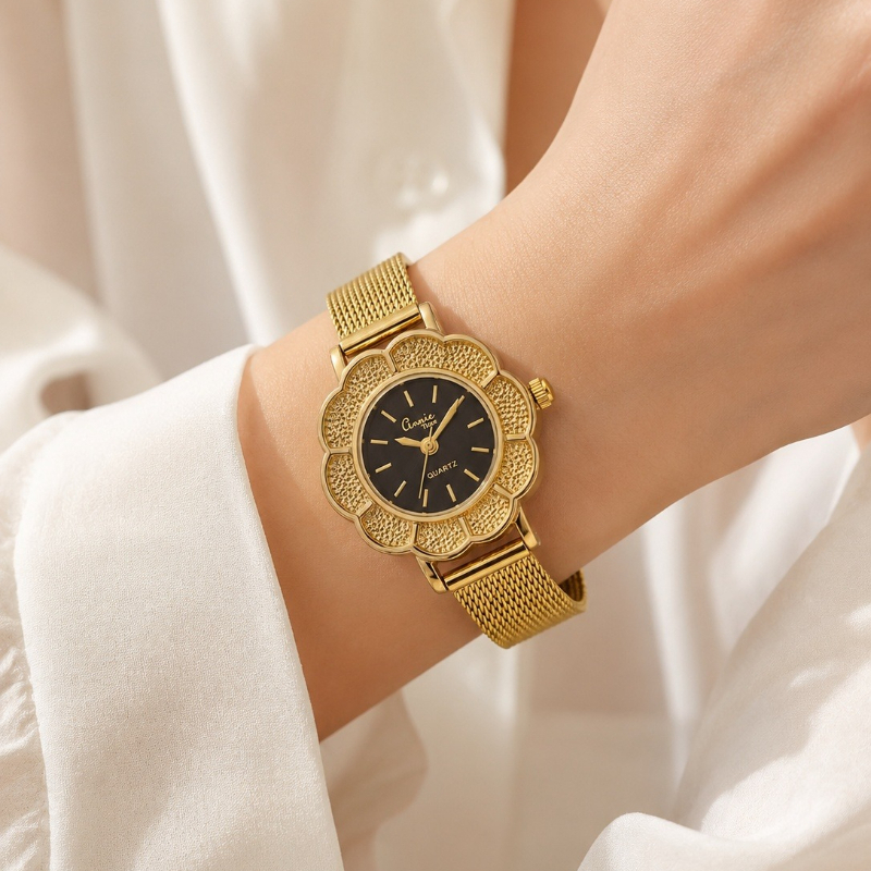 Mesh Strap Metal - Annie Time Gold Flower Shape Women's