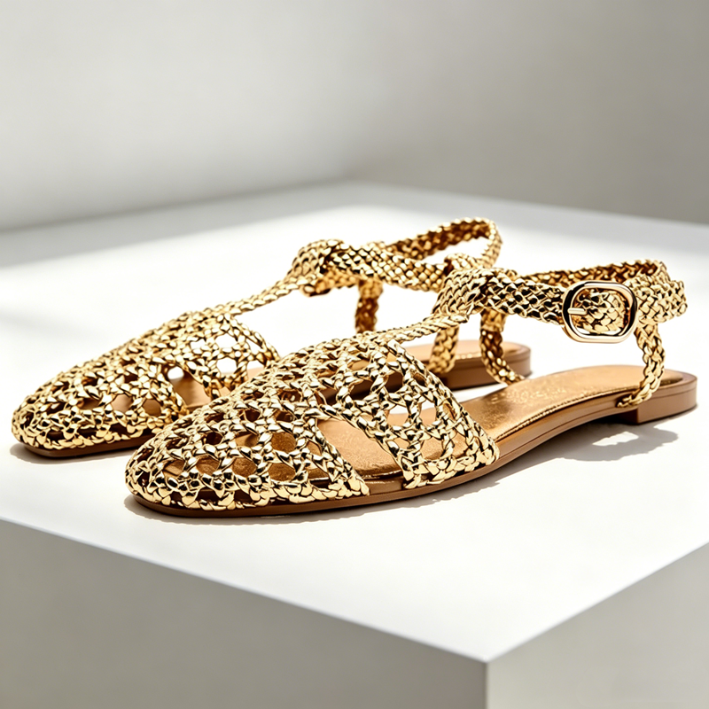 Golden Mesh Woven Flat Sandals - Mesh Strap Metal reseña y precio