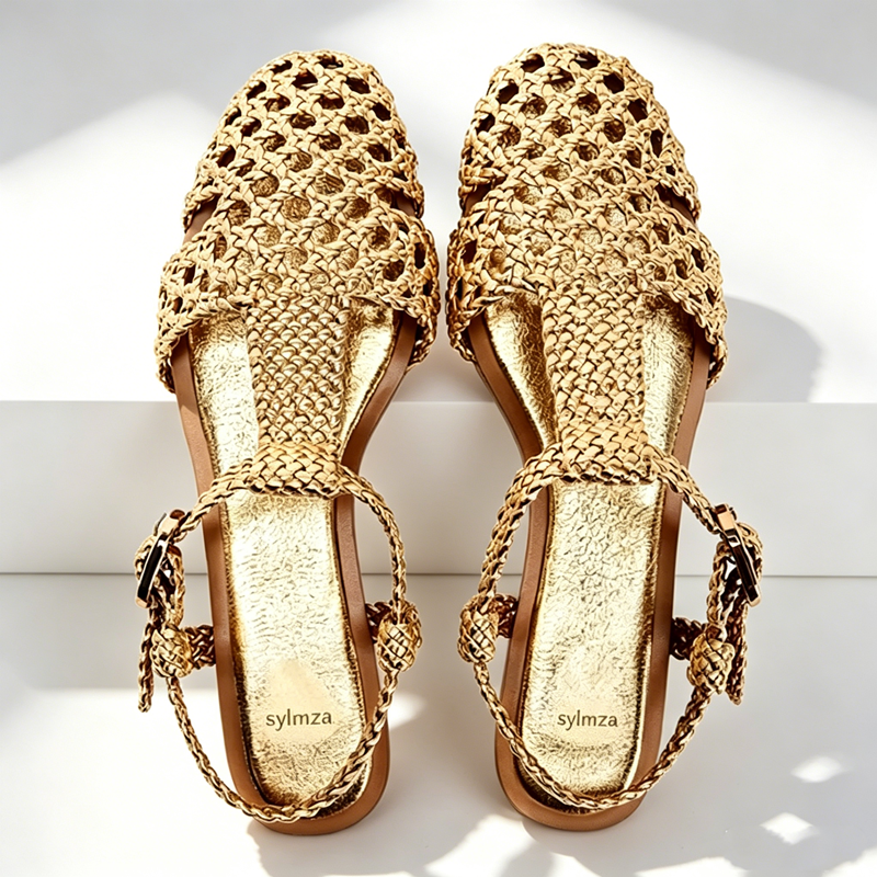 Golden Mesh Woven Flat Sandals - Mesh Strap Metal reseña y precio