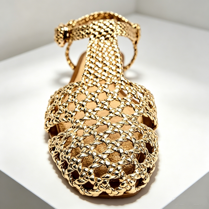 Golden Mesh Woven Flat Sandals - Mesh Strap Metal reseña y precio
